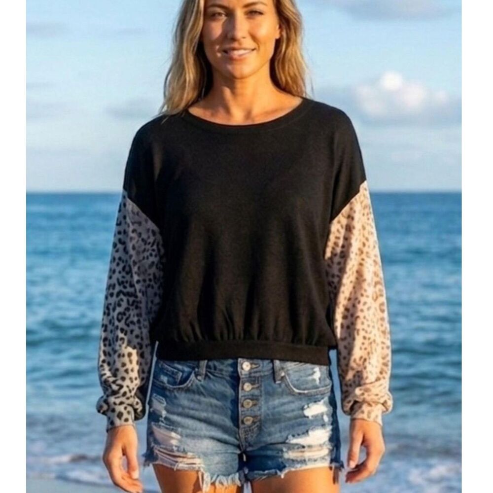 Ocean Drive NWT Leopard Print Colorblock Long Sleeve Top Black Grey Medium Soft